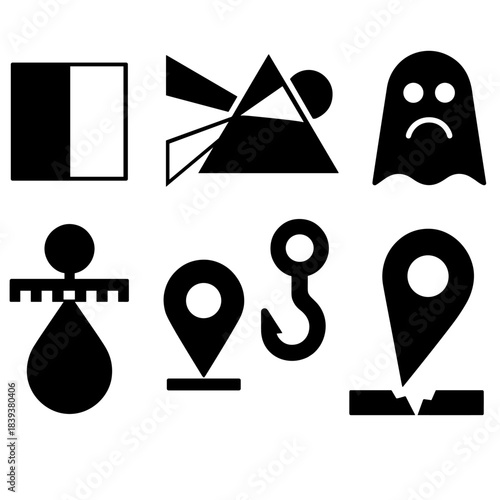 Brutalist Mind Icons. Mental distortion motifs silhouette set: polarized thinking block, meaning distortion prism, negative spotlight, unfounded fear icon, belief rigidity bar,