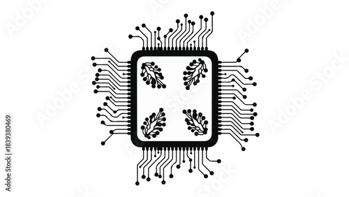 Modern microchip with intricate circuit board connections on a clean white background.