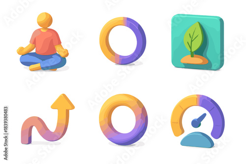 Balanced Lifestyle Icons. Balanced Lifestyle Essentials flat isometric set: meditative pose icon, awareness circle, nature-based habit tile, gentle rhythm arrow, energy flow ring,