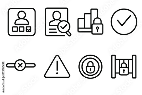Authorization System Icons. Flexible authorization systems linear set: adaptive role tile, identity check node, access tier bar, verification ring, constraint slider, risk