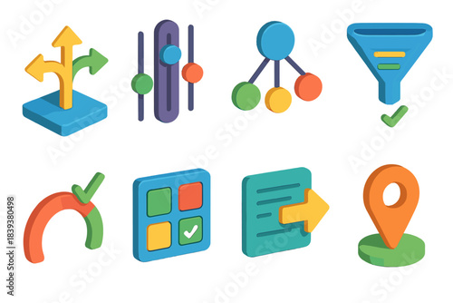 Colorful Isometric Icons. Preference navigation patterns flat isometric set: choice path tile, priority slider bar, preference node, clarity filter icon, selection arc, option grid