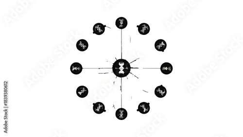 Central hub connects to surrounding nodes in a digital network illustration.
