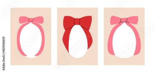 Set of frames with coquette bows. Vector hand drawn  flat illustration. Holiday clipart for greeting cards, invitations, etc.