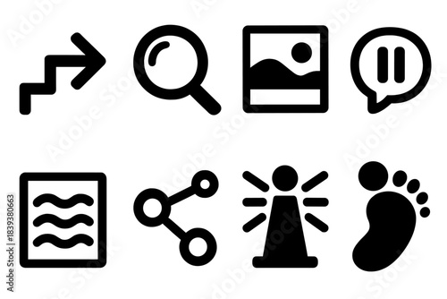 Mindful Journey Icons. Curious Mindful Journey Set silhouette set: mindful trail arrow, observation lens, calm landscape tile, experiential pause bubble, grounding breath symbol,