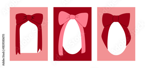 Set of cards with coquette frames. Vector hand drawn  bow illustrations. Holiday clipart for greeting cards, invitations, etc.