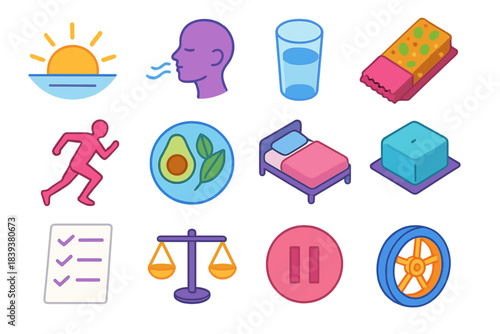 Daily Wellness Icons. Daily Wellness Flow isometric flat set: sunrise energy icon, breathing guide, hydration glass, wholesome snack bar, light run silhouette, plant-based plate,