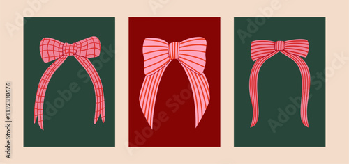 Set of coquette posters with pink striped and checkered bows. Vector hand drawn illustration. Holiday clipart for greeting cards, invitations, etc.