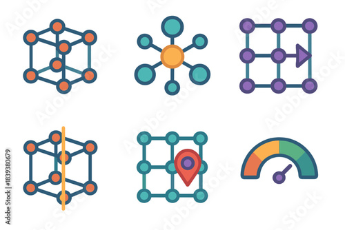 Crystal Structure Icons. Crystal Lattice Structures flat set: cubic lattice cube, atomic bond icon, unit cell tile, symmetry plane arrow, defect site marker, stability gauge.