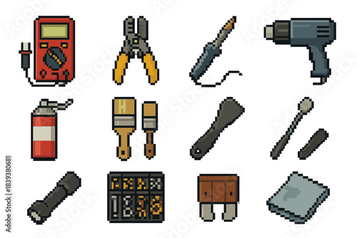 Pixel Art Tool Icons. Maintenance & Repair Tools pixel style set: multimeter, wire stripper, soldering iron, heat gun, lubricant can, brush set, gasket scraper, inspection mirror,