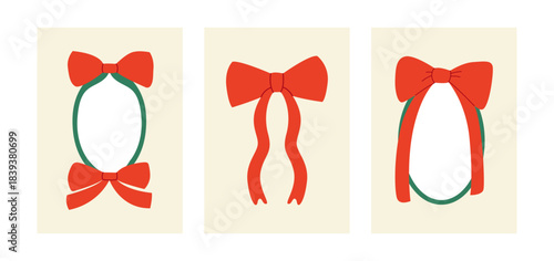 Set of cards and frames with red bows. Vector hand drawn flat illustrations. Holiday clipart for greeting cards, invitations, posters etc.