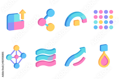 Colorful Logic Icons. Self-directed logic frameworks flat isometric set: evolving rule tile, node chain bar, adaptive arc, pattern cue, logic mesh node, coherence band, flow line,