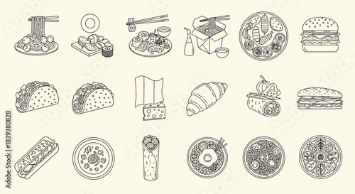 Collection of hand drawn fast food icons, representing a variety of popular and delicious meals, isolated on