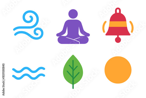 Serene Meditation Icons. Meditation flat set: calm breath swirl, seated silhouette, soft chime, gentle wave line, serene leaf, centered circle.