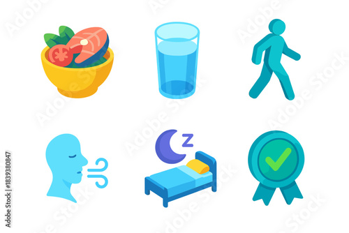 Wellness Icon Set. Health & Prevention Set isometric flat set: balanced diet bowl, clean water glass, daily walk figure, calm breath line, sleep icon, wellness badge.