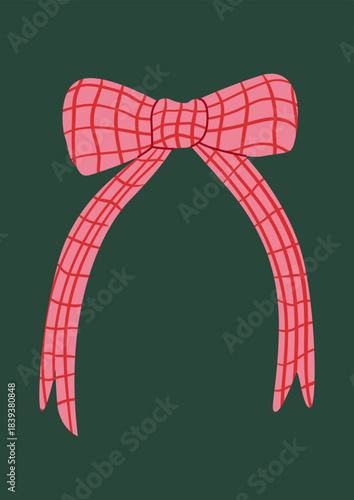 Elegant vintage illustration of pink checkered bow. Vector holiday hand drawn clipart for greeting cards, invitations, etc.