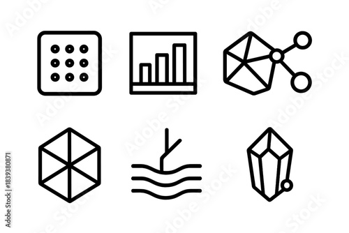 Crystallization Pathway Icons. Crystallization pathways linear set: nucleation point tile, lattice rise bar, facet edge node, molecular link, symmetry plate, branching line, layer
