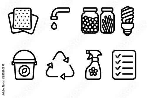 Eco-Friendly Living Icons. Sustainable Household Practices Set linear set: reusable cloths, water-saving faucet, bulk food jars, energy-efficient bulb, compost pail, recycling