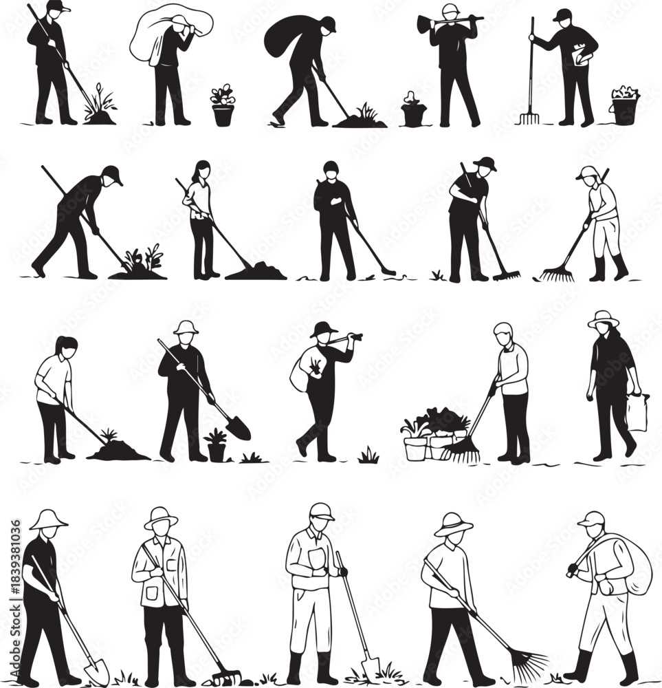 Obraz premium Collection of black and white illustrations depicting people gardening and farming tasks
