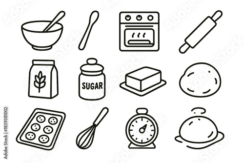 Cozy Baking Icons. Home Baking Environments linear set: mixing bowl, wooden spoon, warm oven, rolling pin, flour bag, sugar jar, butter block, dough ball, baking tray, whisk,