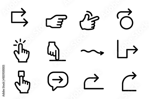 Instructional Icons Collection. Instructional Pointing Icons linear set: step-by-step arrow, explanatory hand, highlight gesture, designated spot icon, lift-up cue, lower-down cue,