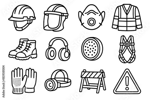 Safety Equipment Icons. Extraction & Build Safety Set linear set: reinforced helmet, face shield, dust mask, reflective jacket, rugged boots, ear muffs, particulate filter,