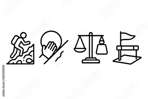 Persistence Metaphor Icons. Persistence Metaphors linear set: rocky-trail strand, weight-balance bead, hurdle-flag tile.