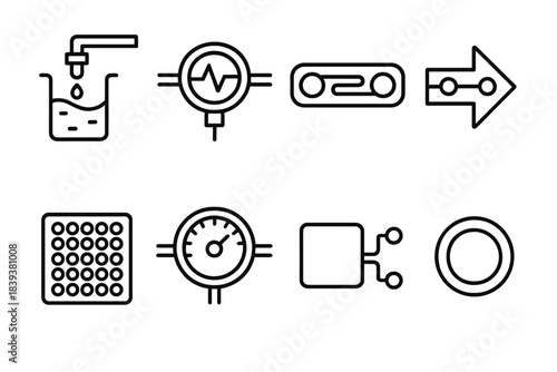 Biological Process Icons. Biological Automation Pipelines linear set: automated culture module, biosensor trigger node, flow-cell processing strip, microfluidic routing arrow,