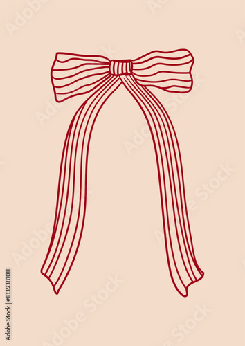 Hand drawn coquette striped bow. Vector linear illustration of elegant ribbon in vintage style. Holiday clipart for birthday, christmas, wedding, valentine's day etc.
