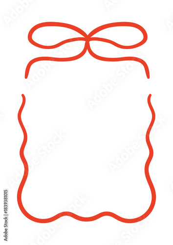 Hand drawn vector linear frame with bow. Elegant wavy ribbon. Holiday clipart for birthday, christmas, wedding, valentine's day etc.