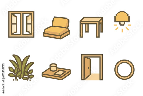 Conscious Room Icons. Conscious Room Arrangement pixel style set: airy window frame, cushion seat, minimal table, soft glow sconce, plant cluster, tidy tray, open walkway cue,