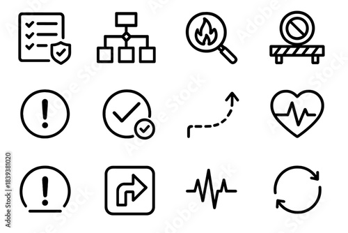 Safety Workflow Icons. Operational Safety Workflow Icons linear set: safety protocol sheet, controlled sequence, hazard scan icon, containment line, emergency cue, compliance