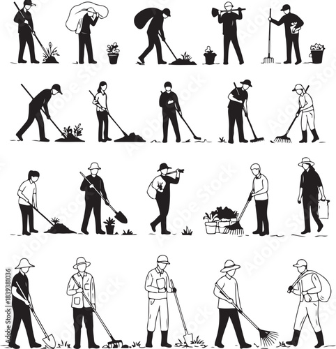 Collection of black and white illustrations depicting people gardening and farming tasks
