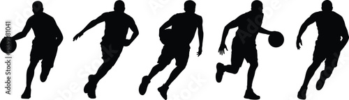 Silhouettes of Basketball Player in Motion Holding Ball in Various Dynamic Poses on White Background Representing Sport and Athleticism