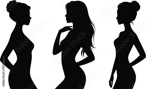 Elegant female silhouettes in profile view showcasing diverse hairstyles and graceful posture for fashion, design, and artistic inspiration