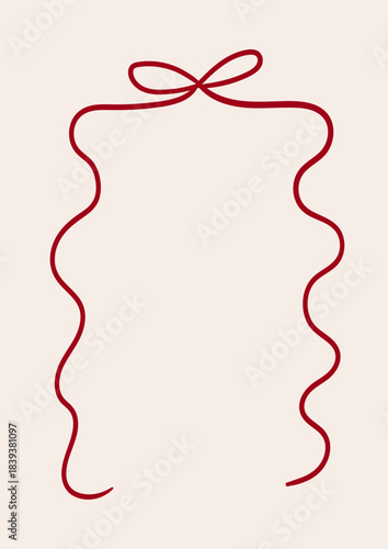 Hand drawn vector linear frame with bow. Elegant wavy ribbon. Holiday clipart for birthday, christmas, wedding, valentine's day etc.