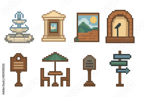 Cultural Icons Set. Cultural Hub Elements pixel style set: plaza fountain, gallery doorway, artisan booth, mural wall, performance stage, heritage marker, café table, wayfinding