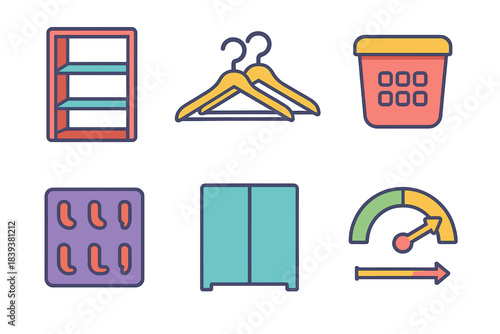 Modern Closet Tools. Closet Arrangement Tools flat set: shelf unit, clothes hangers, storage basket, modular hook tile, partition divider, space optimization gauge.