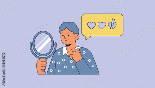 A person preparing for a first virtual date arranging their appearance with a mirror while a lively chat bubble pops up with a compliment from their match.