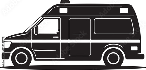 Black and white silhouette of an ambulance van with windows and a light bar medical.