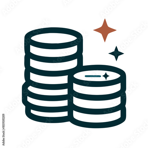 Stack of coins icon with sparkles in flat design