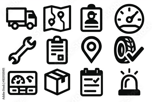 Fleet Management Icons. Fleet Management Workflows silhouette set: delivery truck icon, route map, driver badge, fuel gauge, maintenance wrench, dispatch clipboard, GPS pin, tire