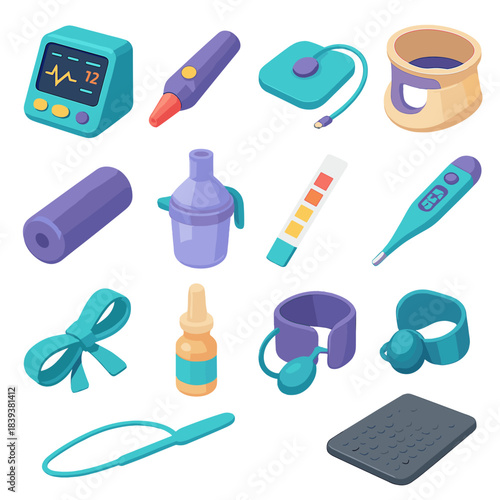 Colorful Medical Equipment Icons. Medical Wellness Equipment flat isometric set: digital vitals unit, therapeutic laser tip, electric muscle stim pad, cervical support collar,