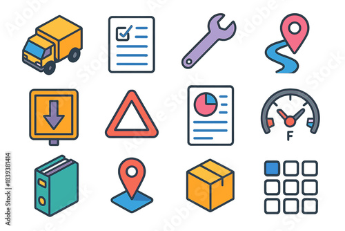 Logistics Icon Set. Logistics Vehicle Management isometric flat set: transport icon, dispatch sheet, maintenance spanner, GPS route, loading dock sign, safety marker, fleet report
