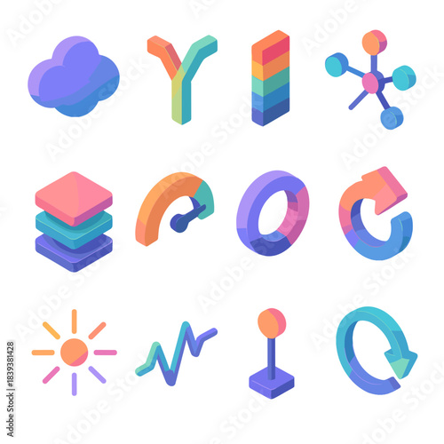 Isometric Uncertainty Icons. Uncertain Outcome Fields flat isometric set: probability drift cloud, branching scenario fork, risk gradient bar, ambiguity patch node, shifting