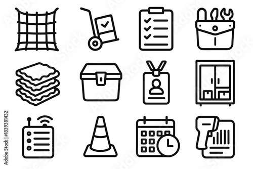 Logistics Equipment Icons. On-Site Logistics Equipment linear set: cargo net, dolly cart, manifest sheet, tool pouch, packing foam, latch box, ID tag, supply cabinet, radio channel