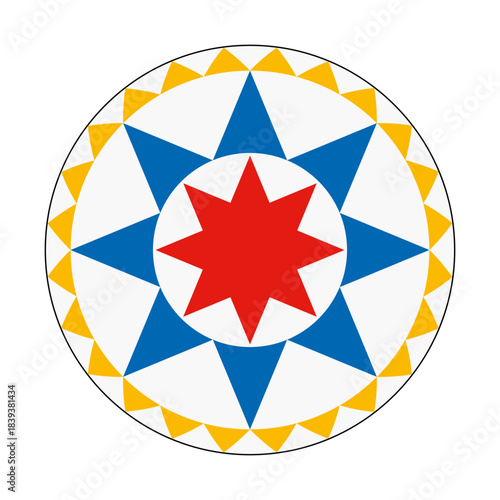 Hex sign with eight-pointed stars, symbol of luck and good fortune. Motif in the style of Pennsylvania Dutch folk art. A red and a larger blue 8-pointed star with jagged orange border on white field.