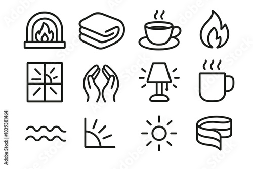 Emblems of Cozy Warmth. Warmth Set linear set: glowing hearth icon, cozy blanket fold, warm tea cup, gentle flame symbol, sunlit window, comfort hands, soft glow lamp, heated mug,