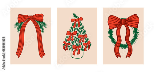 Set of holiday christmas greeting cards. Vector hand drawn illustrations of christmas tree and red bows