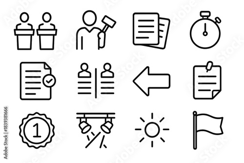 Formal Debate Icons. Formal Debate Icons linear set: podium pair, moderator gavel, structured argument cards, timed clock, rule sheet, opposing viewpoints chart, rebuttal arrow,