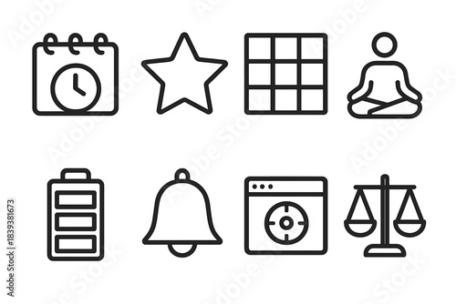 Daily Balance Icons. Daily Balance Toolkit linear set: schedule planner, priority star, time block grid, mindful pause icon, energy meter, rest reminder bell, focus window, balance
